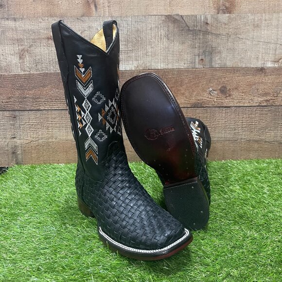 Women's Western Rodeo Cowgirl Black Square Toe Genuine Leather Handwoven Boots - Picture 1 of 8